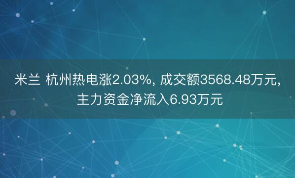 米兰 杭州热电涨2.03%， 成交额3568.48万元， 主力资金净流入6.93万元